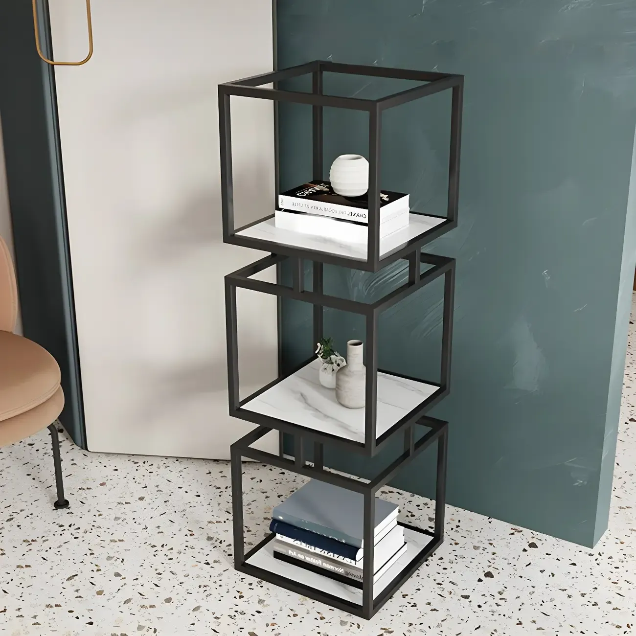 Modern Cube Bookcase with Metal Tower Display Shelf in Black & Gold Image - 12