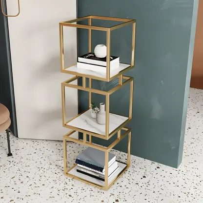 Modern Cube Bookcase with Metal Tower Display Shelf in Black & Gold Image - 13
