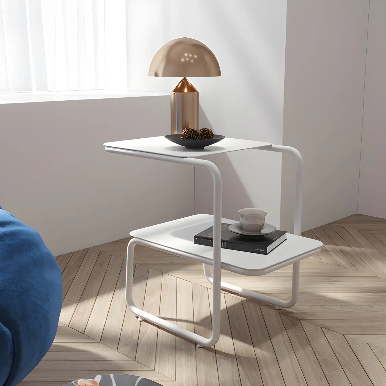 Stylish White Metal Bedside Table with Two Tier Open Shelves Image - 1 | homeyfad