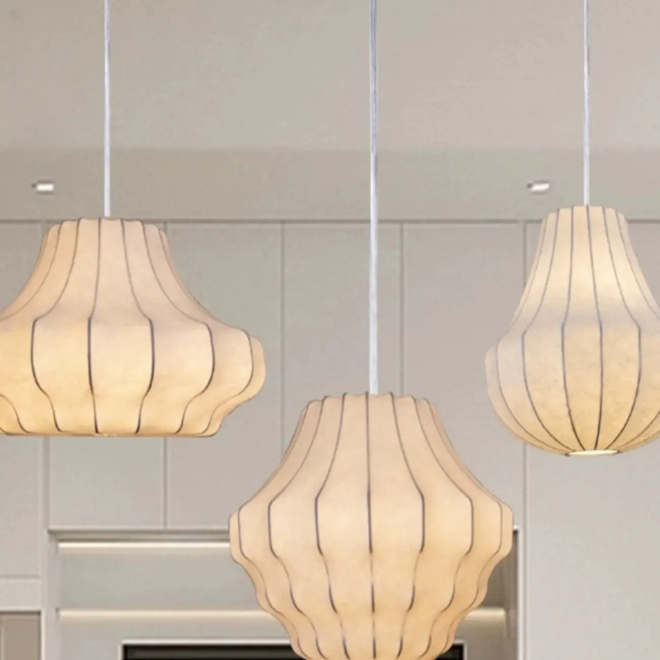 Designer White Fabric Lantern Pendant Lamp for Home Decor Image - 1