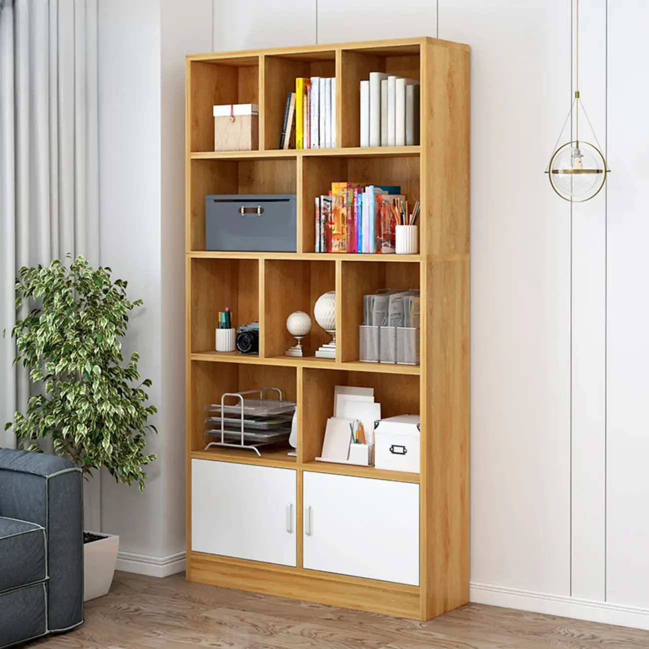 5-Tier Modern Wood Bookshelf with Cabinet Image - 2