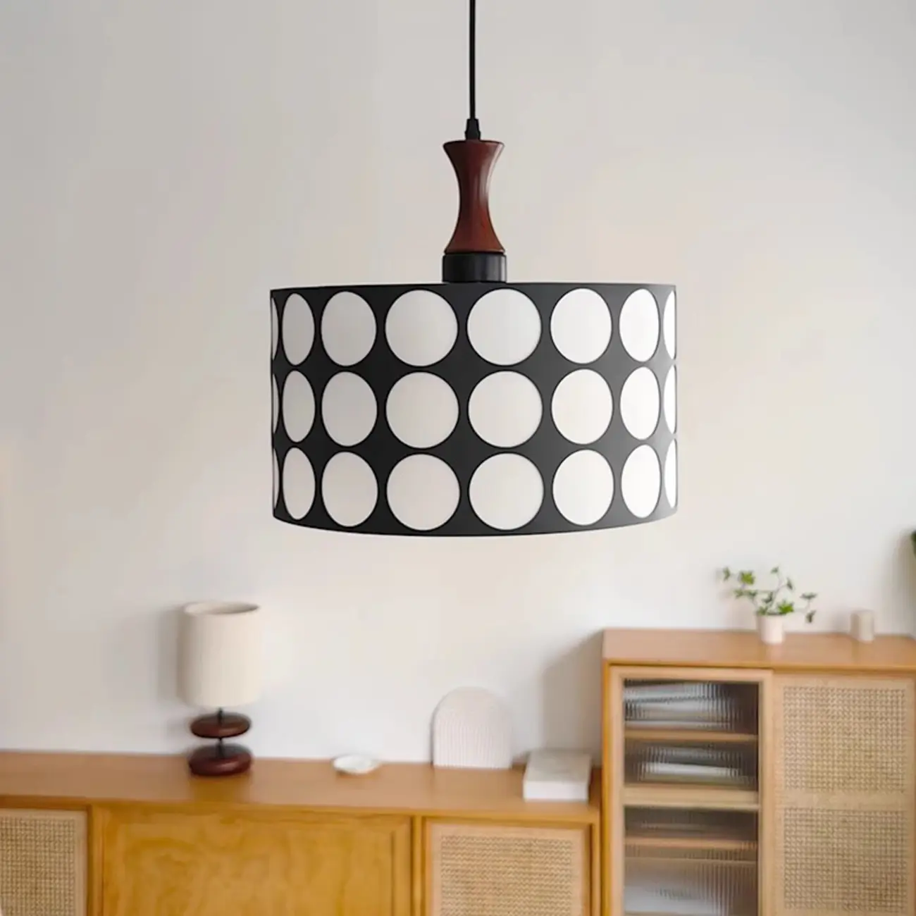 French Style Black and White Round Pendant Lamp for Living Room Image - 3 | homeyfad