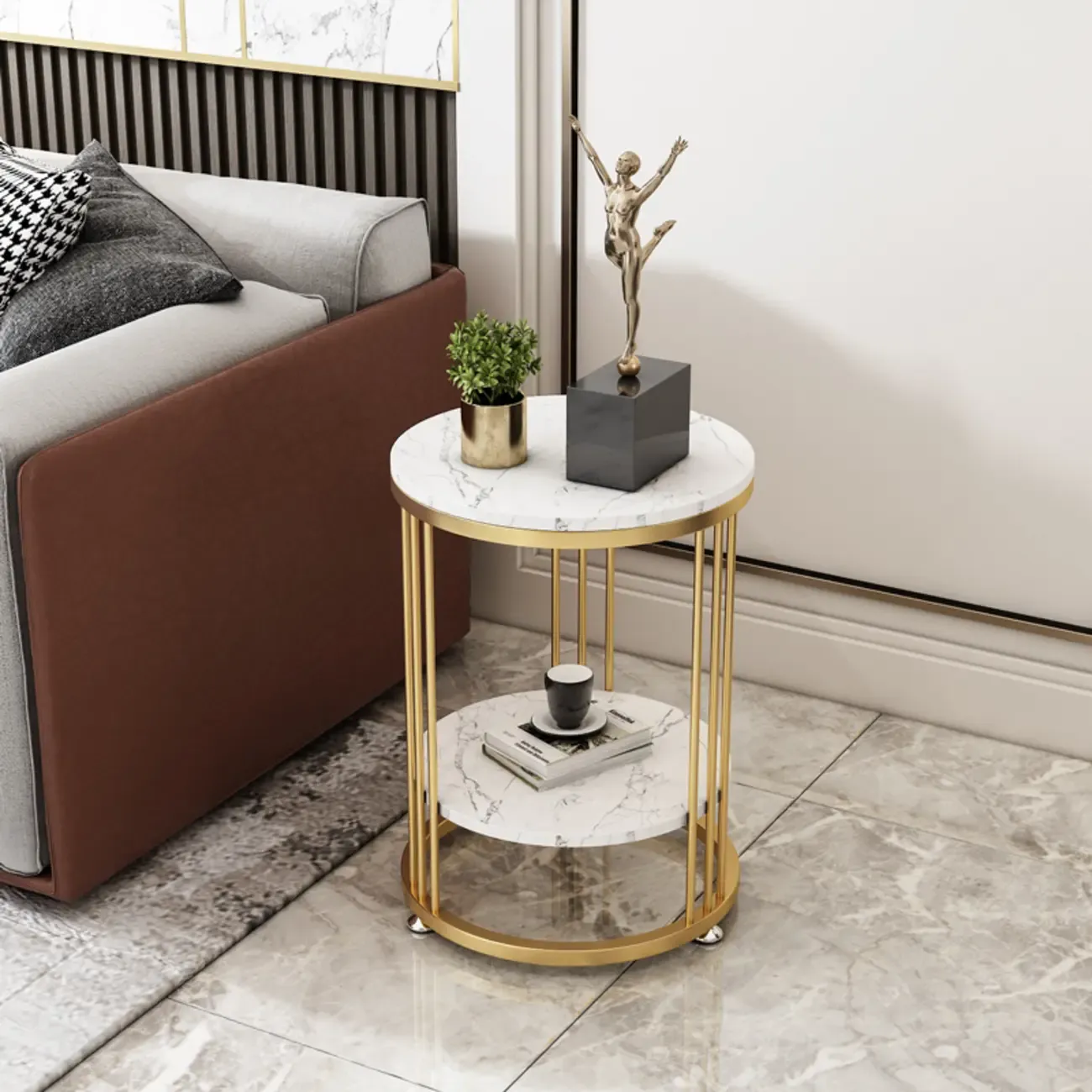 Marble Round End Table for Living Room with Storage Image - 1