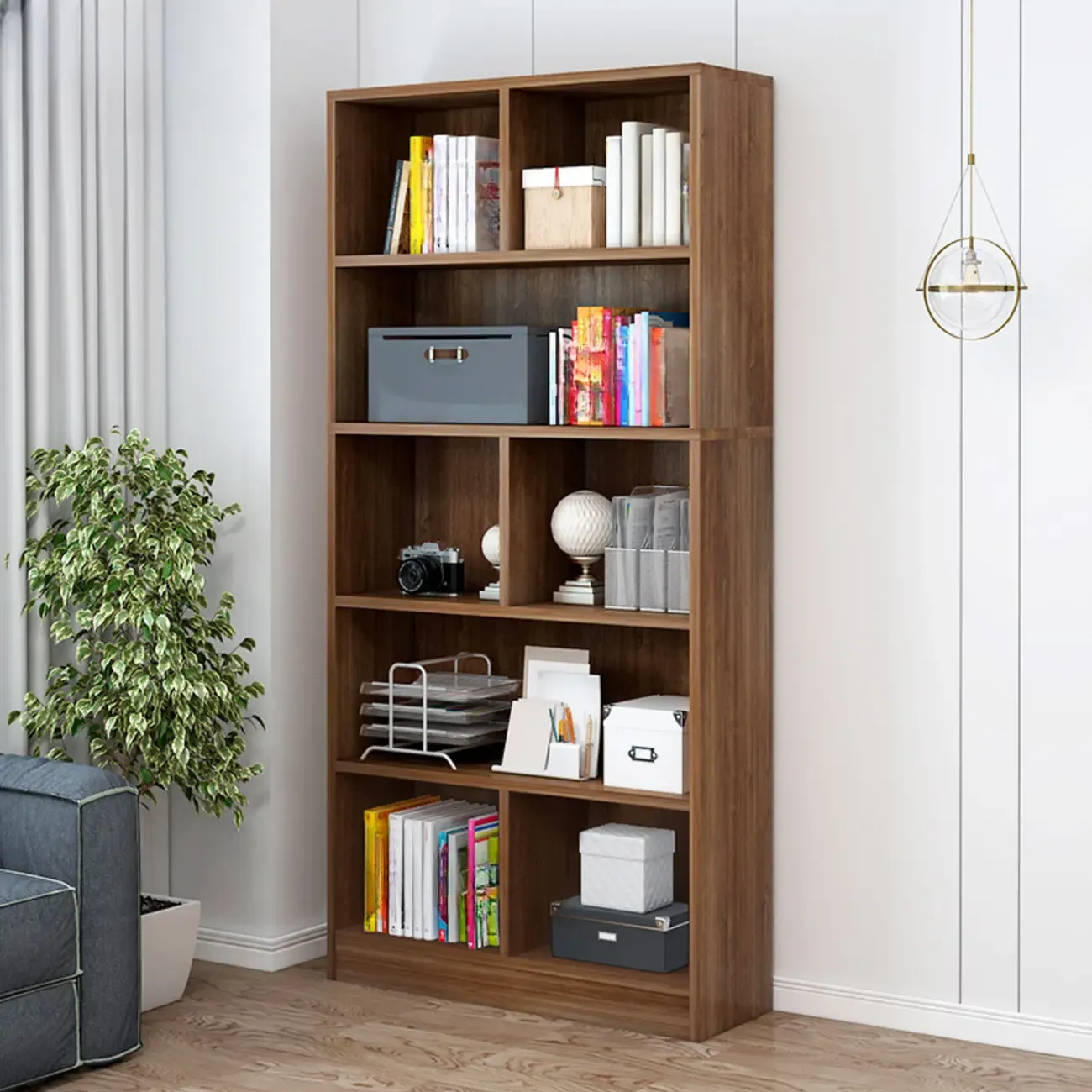 5-Tier Modern Wood Bookshelf with Cabinet Image - 3