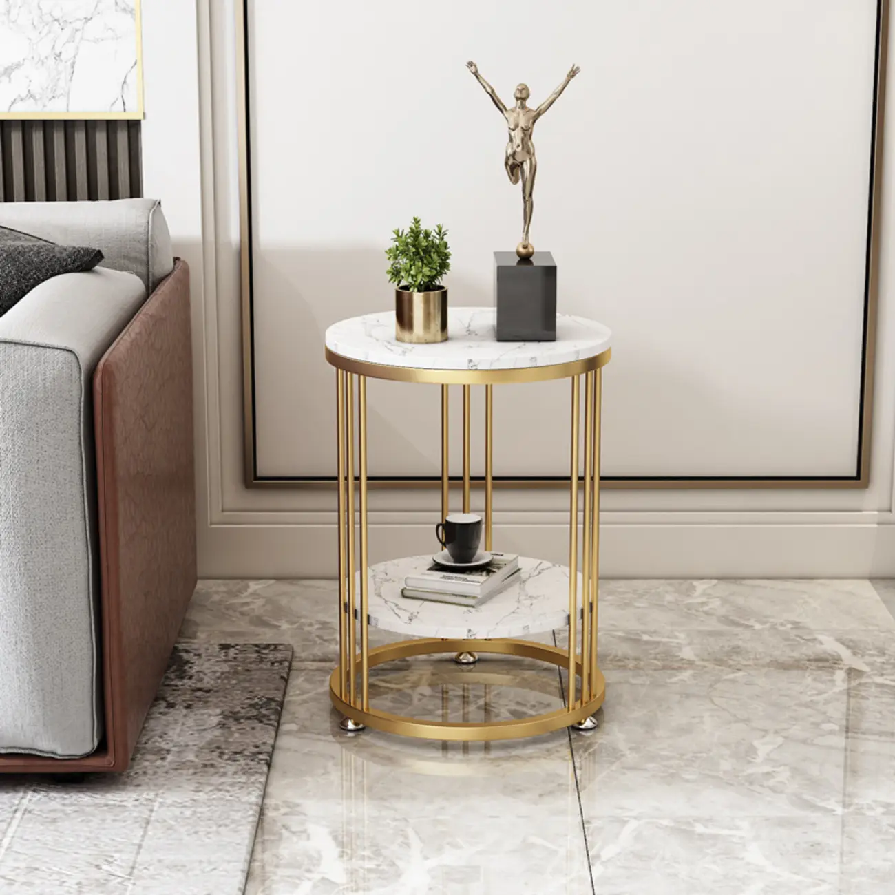 Marble Round End Table for Living Room with Storage Image - 2 | homeyfad
