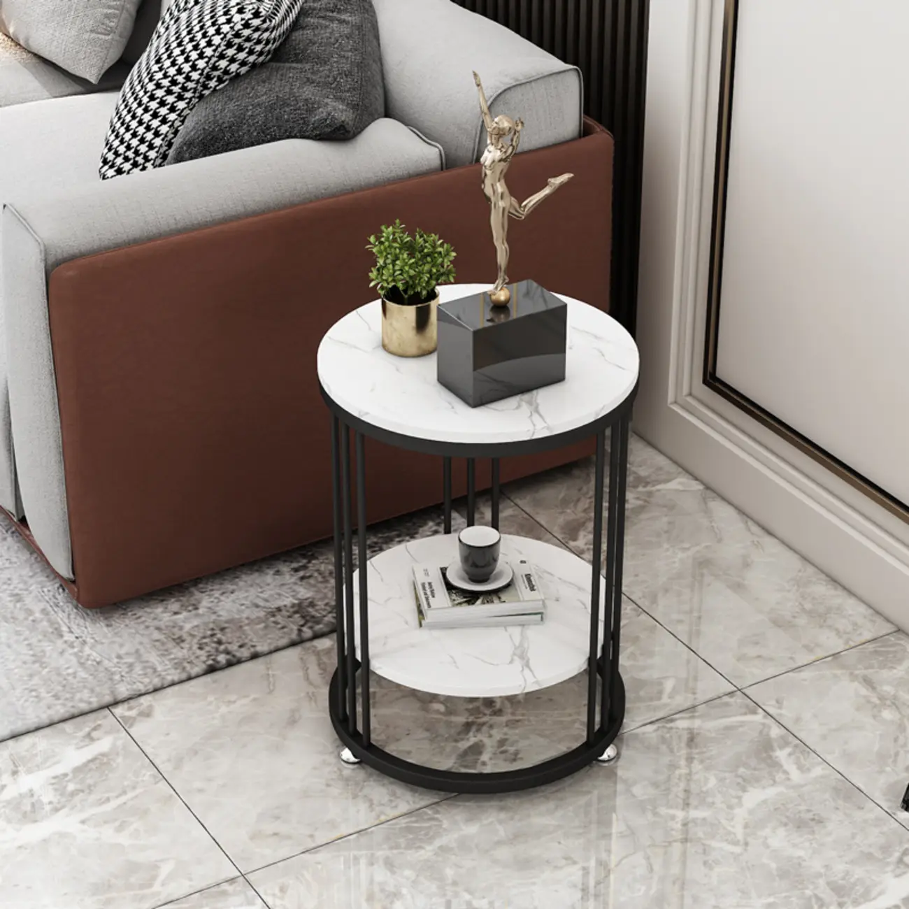 Marble Round End Table for Living Room with Storage Image - 3 | homeyfad