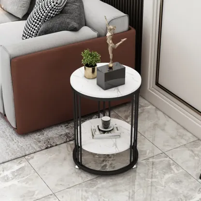 Marble Round End Table for Living Room with Storage Image - 3