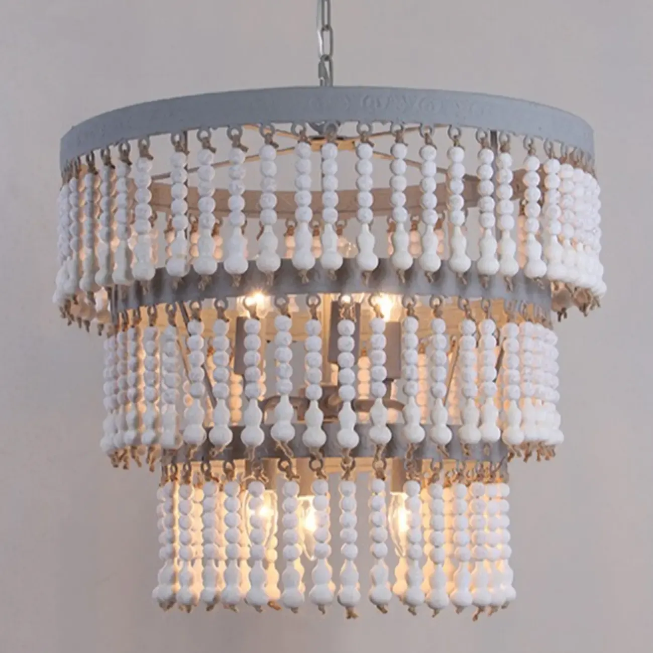 3 Tiers White Wood Beaded Chandelier with Elegant Design Image - 4