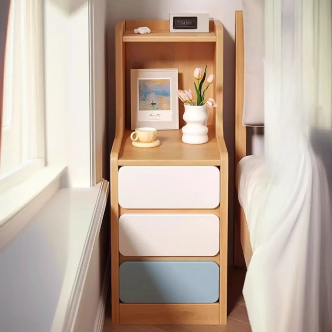 Modern Wooden Narrow Corner Bedside Table with Storage Drawers Image - 1