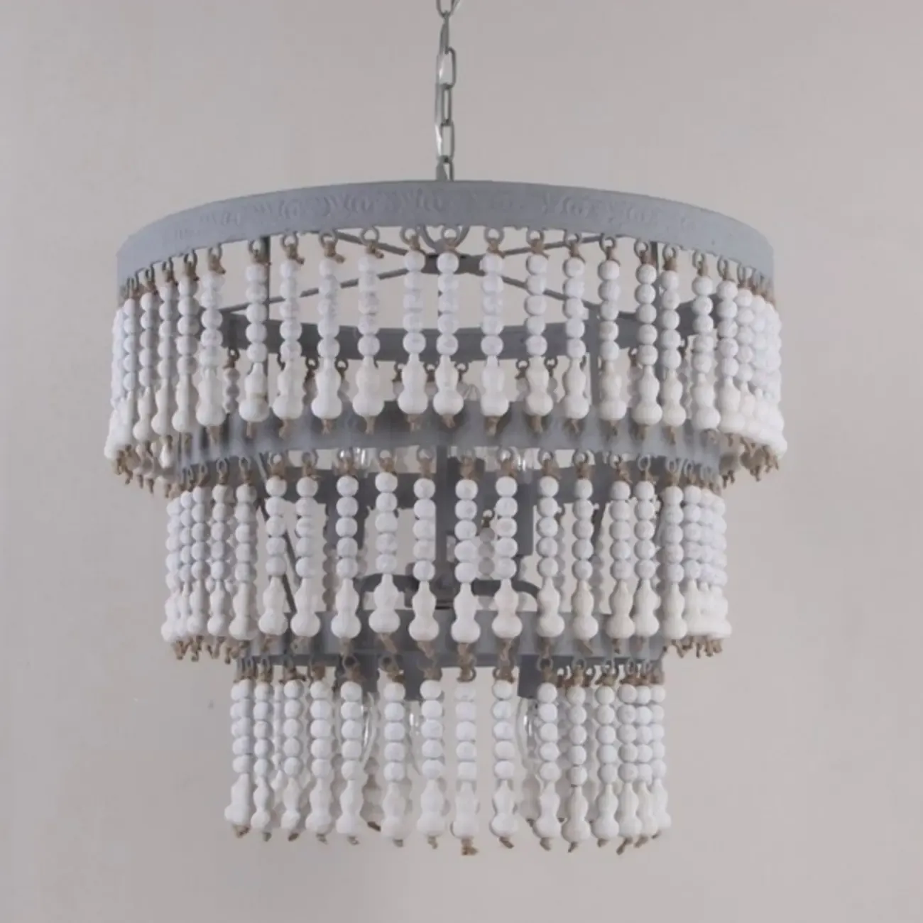 3 Tiers White Wood Beaded Chandelier with Elegant Design Image - 5