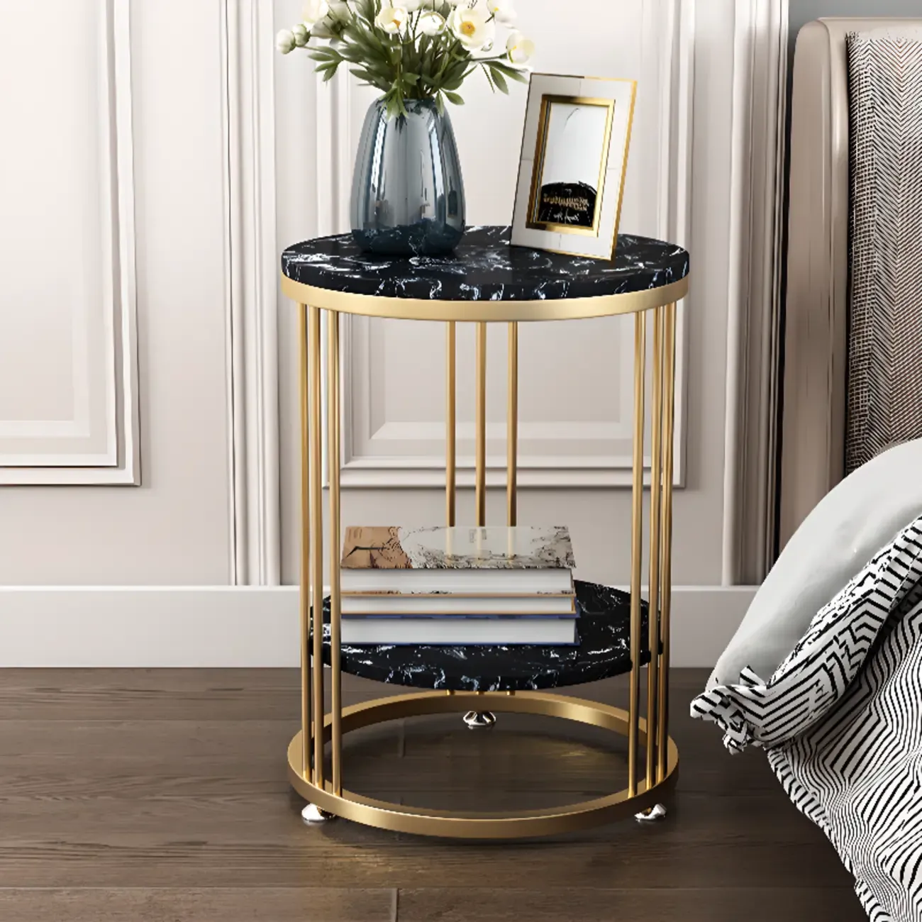 Marble Round End Table for Living Room with Storage Image - 6