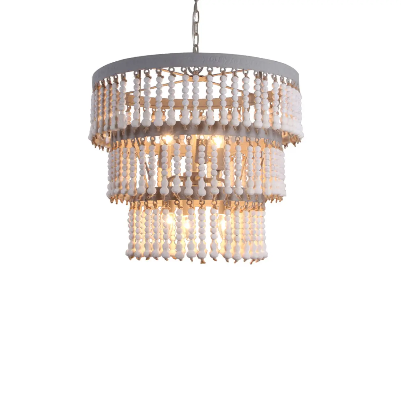 3 Tiers White Wood Beaded Chandelier with Elegant Design Image - 6 | homeyfad
