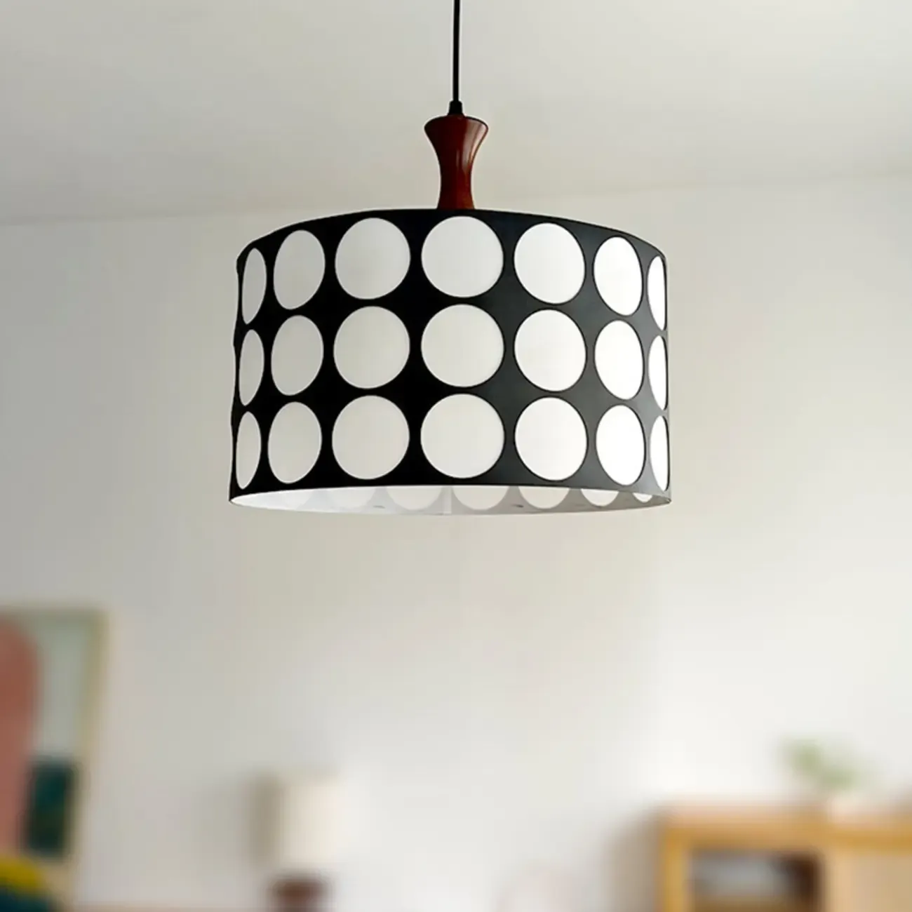 French Style Black and White Round Pendant Lamp for Living Room Image - 10