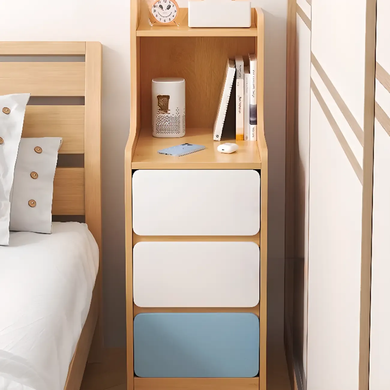 Modern Wooden Narrow Corner Bedside Table with Storage Drawers Image - 3