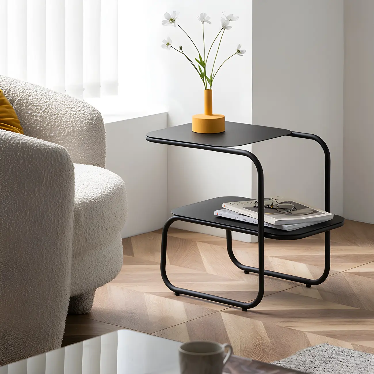 Stylish White Metal Bedside Table with Two Tier Open Shelves Image - 16 | homeyfad