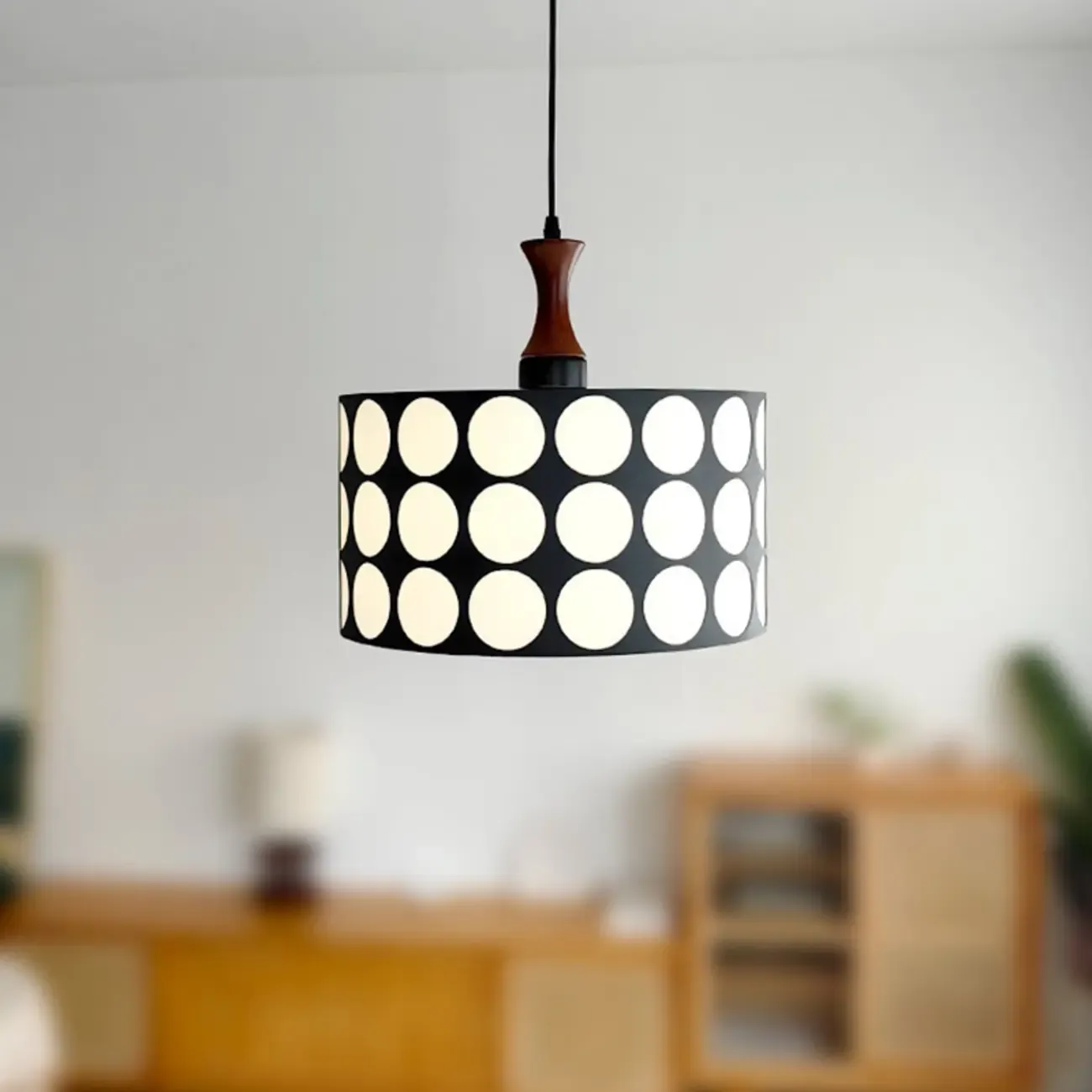 French Style Black and White Round Pendant Lamp for Living Room Image - 11