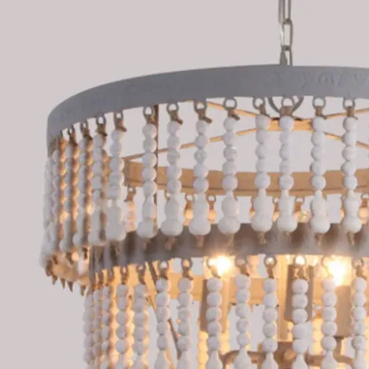 3 Tiers White Wood Beaded Chandelier with Elegant Design Image - 8