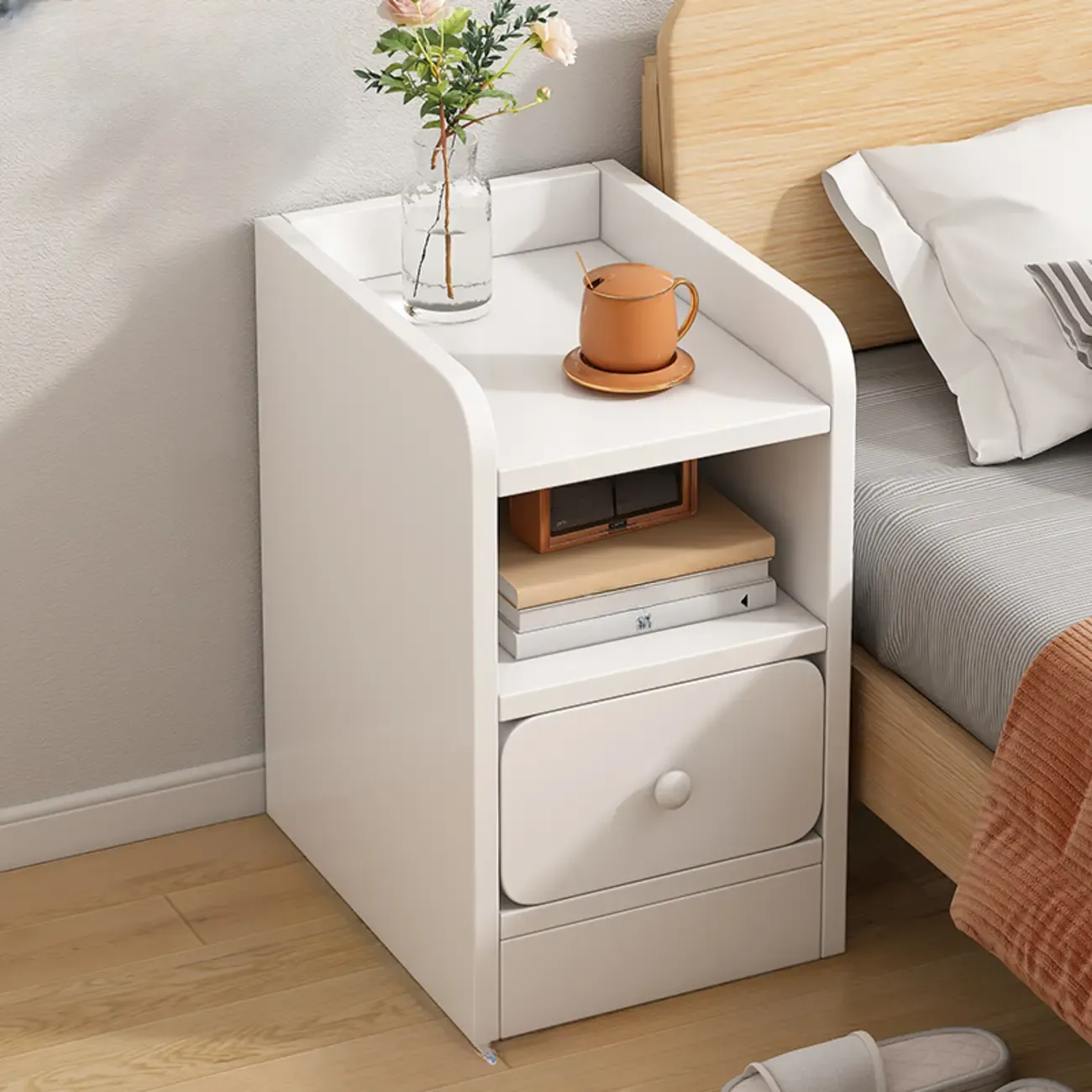 Modern Wooden Narrow Corner Bedside Table with Storage Drawers Image - 5