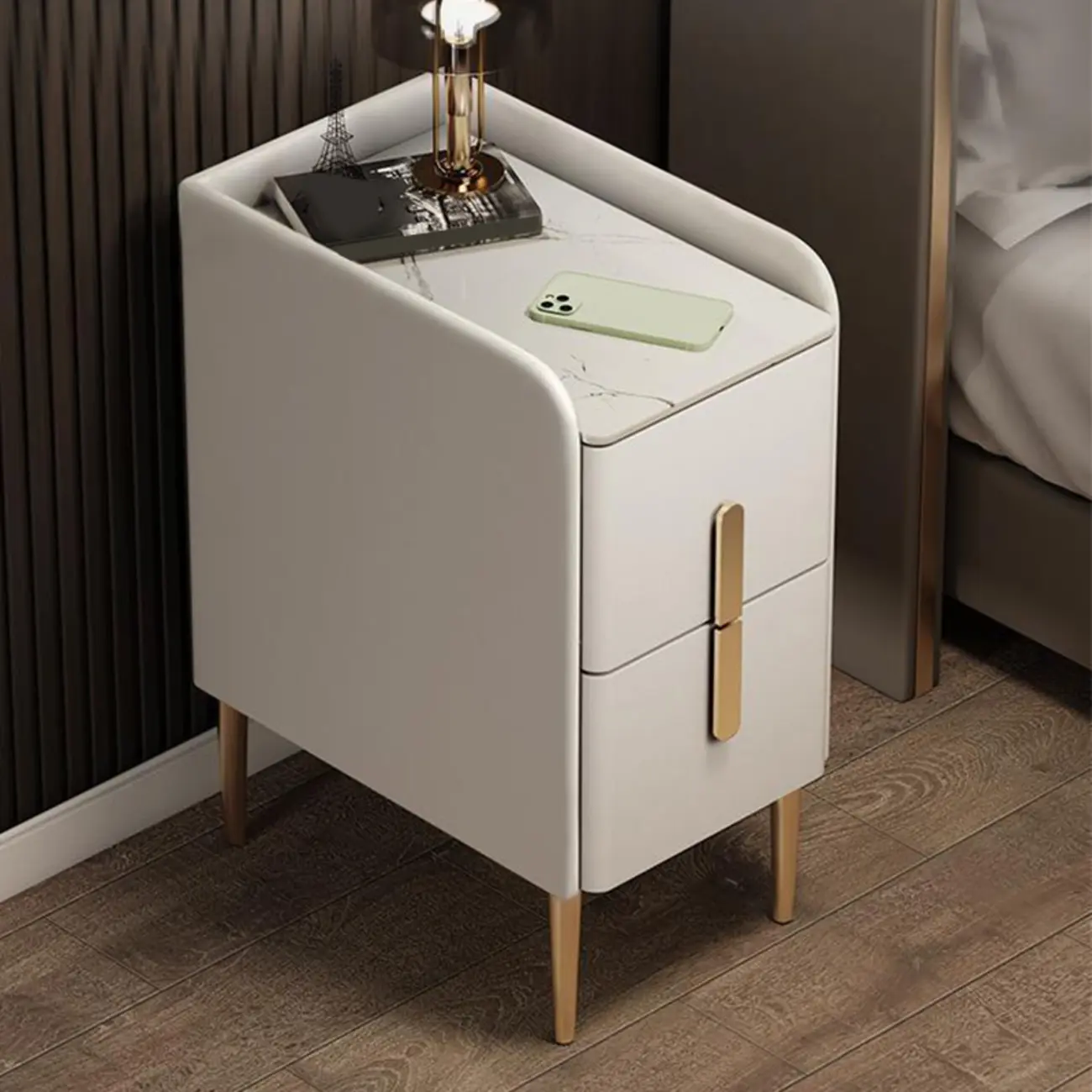 White Narrow Faux Leather Nightstand with Marble Top 2 Drawers Image - 1 | homeyfad