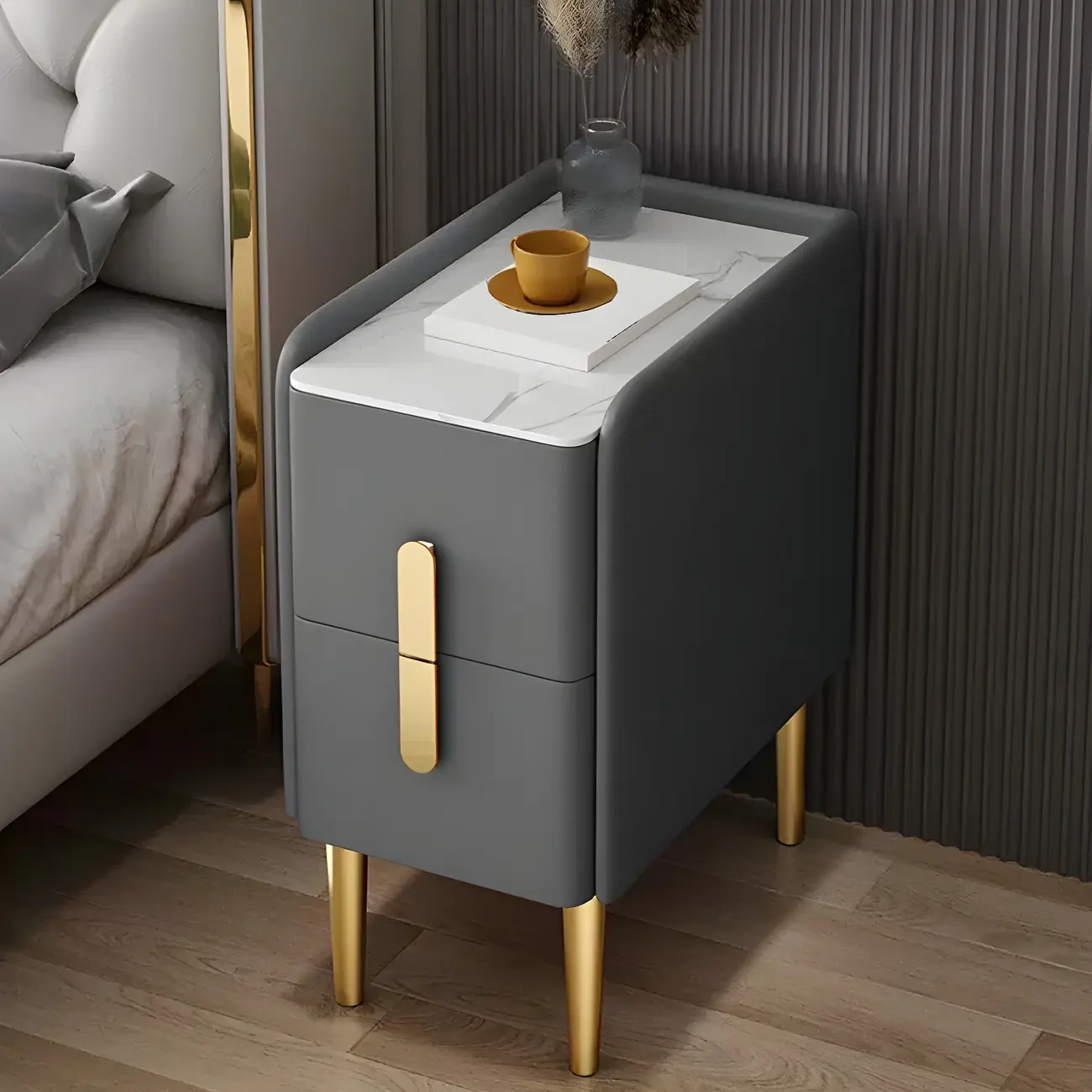 White Narrow Faux Leather Nightstand with Marble Top 2 Drawers Image - 2 | homeyfad