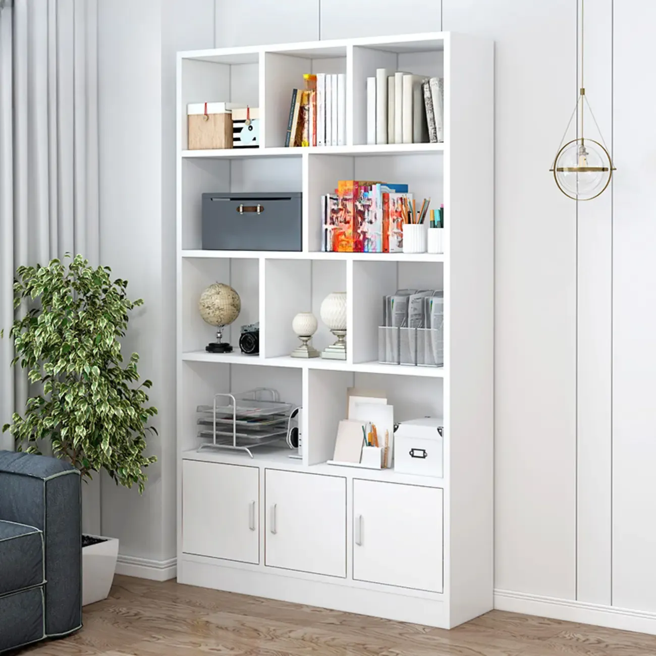 5-Tier Modern Wood Bookshelf with Cabinet Image - 14