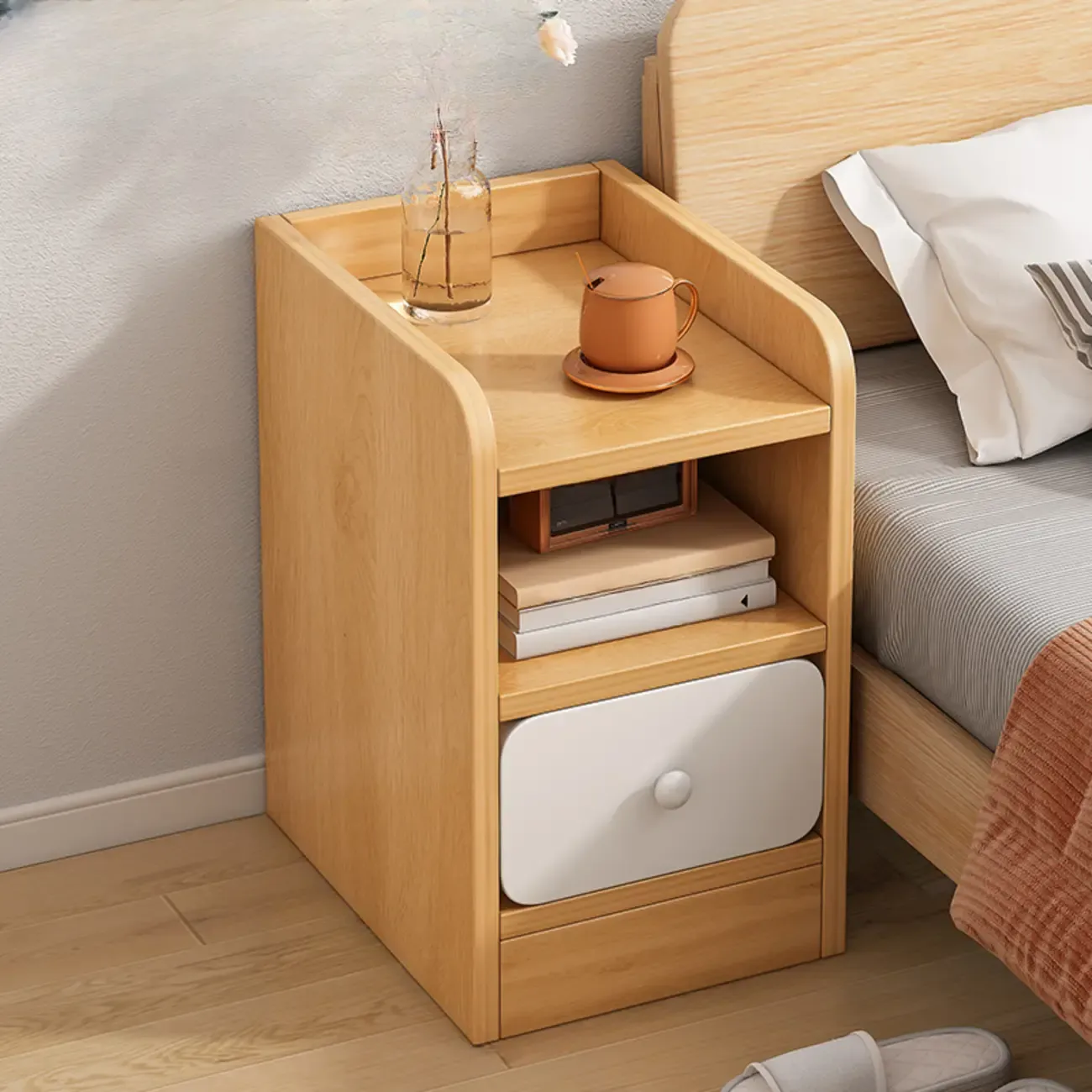 Modern Wooden Narrow Corner Bedside Table with Storage Drawers Image - 8