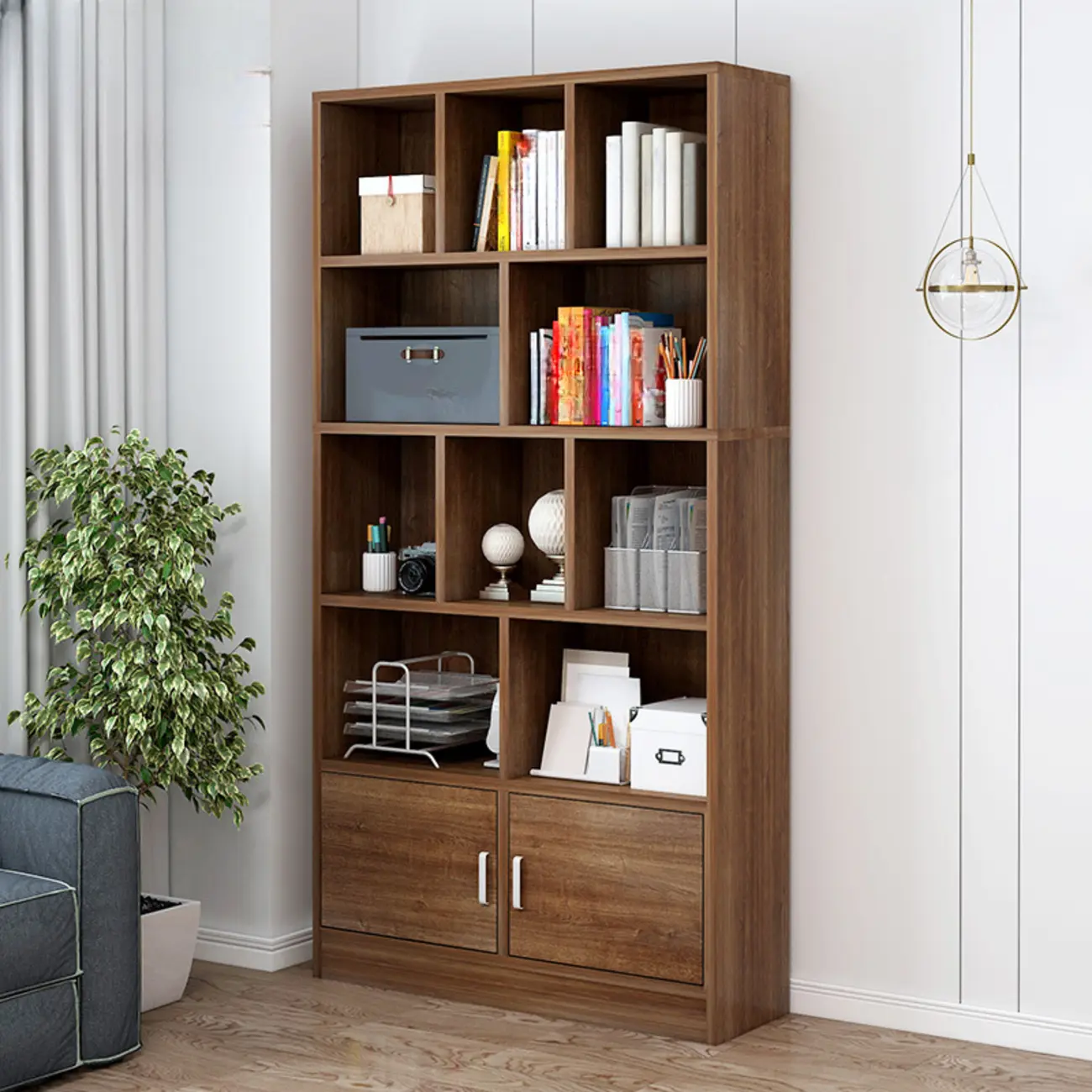 5-Tier Modern Wood Bookshelf with Cabinet Image - 15 | homeyfad