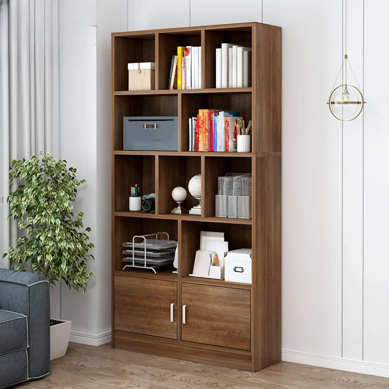 5-Tier Modern Wood Bookshelf with Cabinet Image - 15