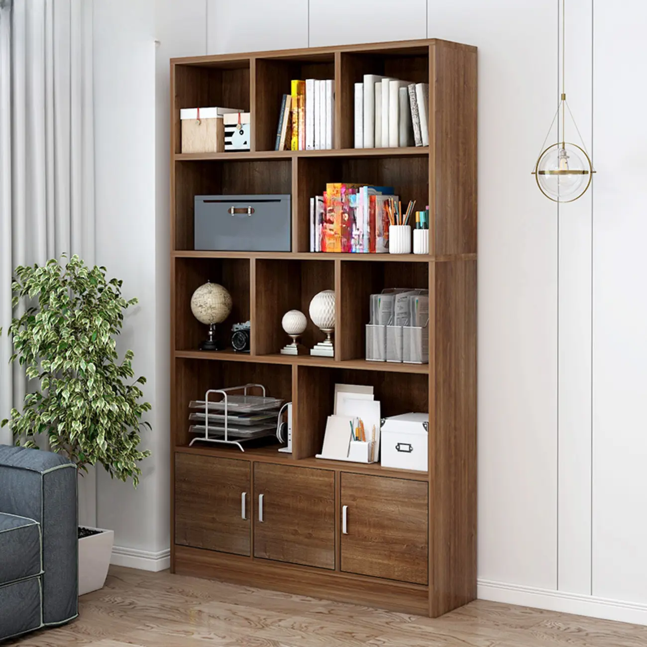 5-Tier Modern Wood Bookshelf with Cabinet Image - 16 | homeyfad