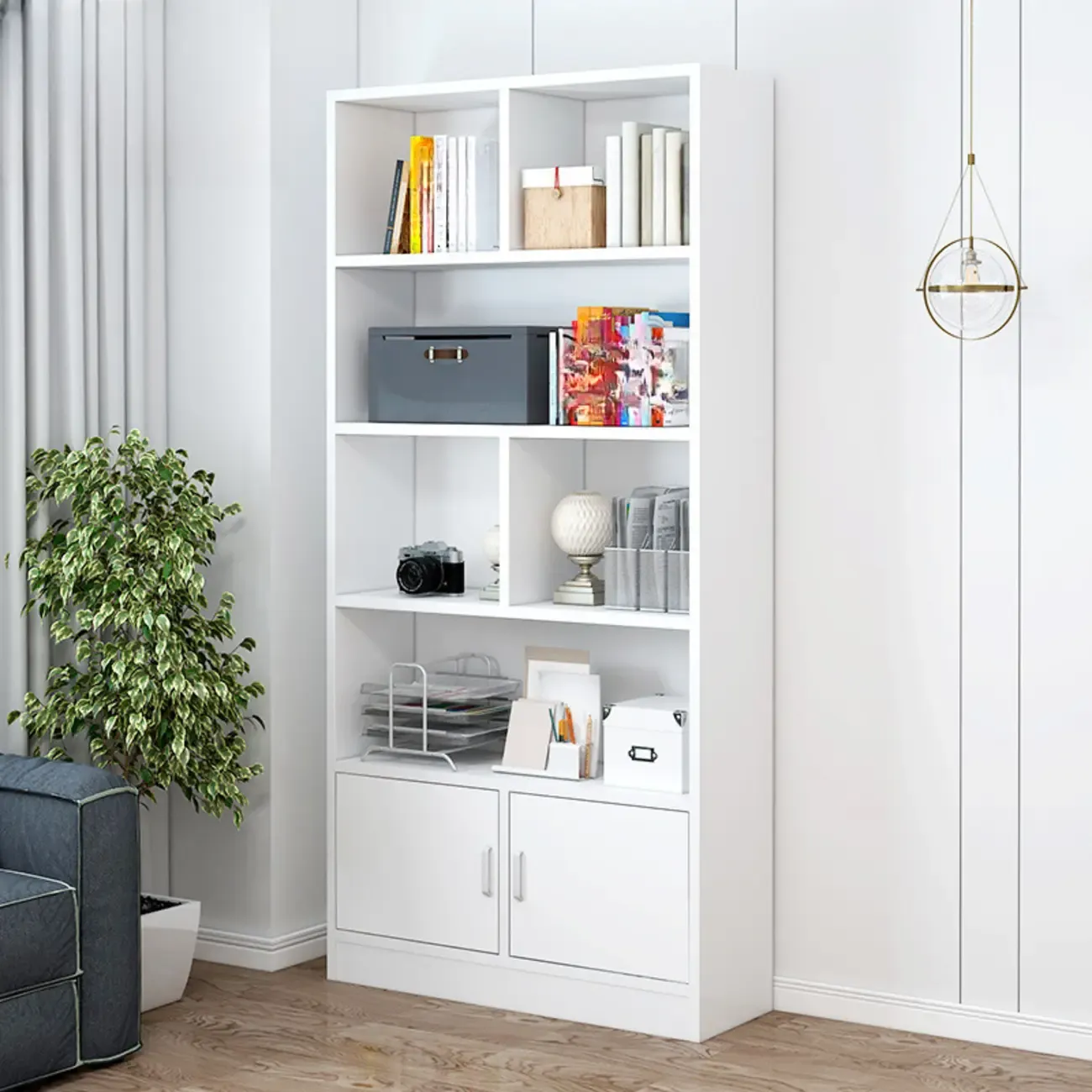 5-Tier Modern Wood Bookshelf with Cabinet Image - 17