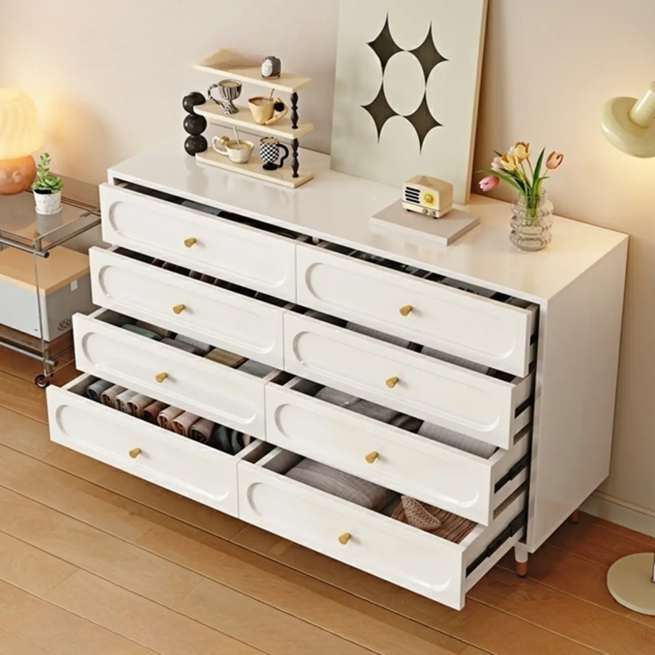 Modern Wood Dresser Chest with 5 Tiers in Milk Tea Color Image - 3 | homeyfad