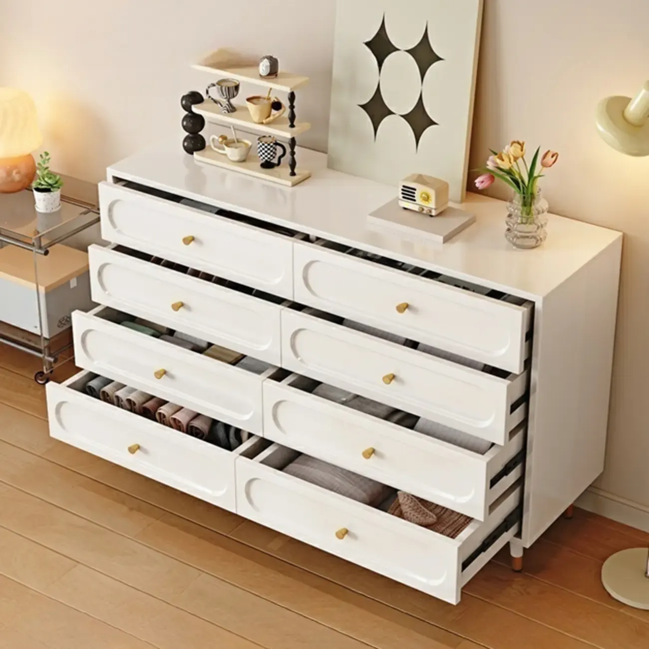 Modern Wood Dresser Chest with 5 Tiers in Milk Tea Color Image - 3