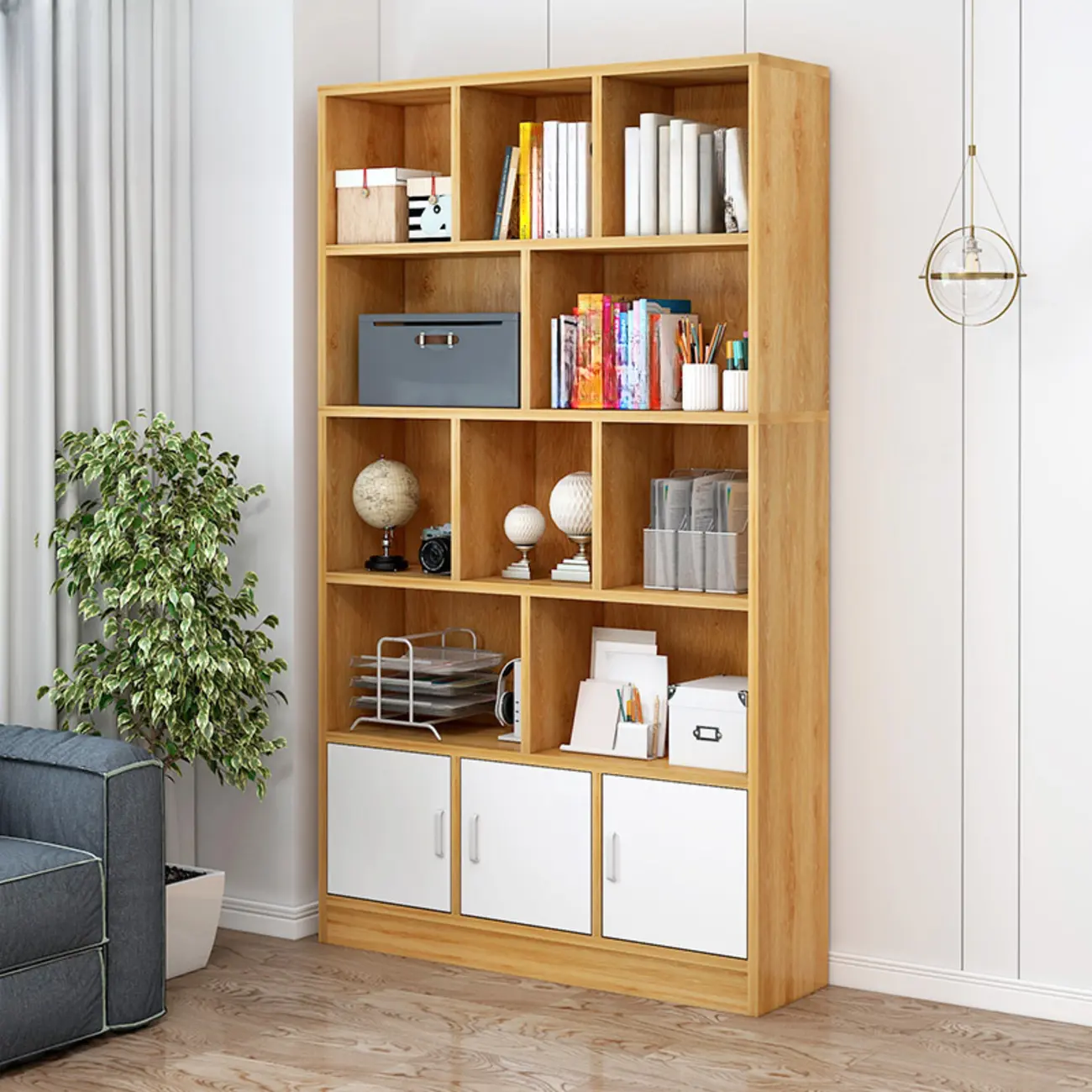 5-Tier Modern Wood Bookshelf with Cabinet Image - 19 | homeyfad