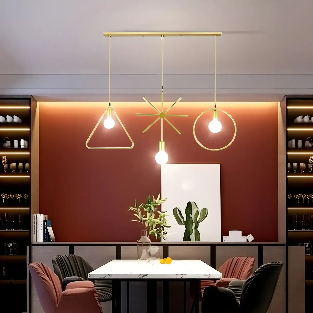 3 Lights Gold Industrial Geometric Metal Island Light Fixture Image - 3