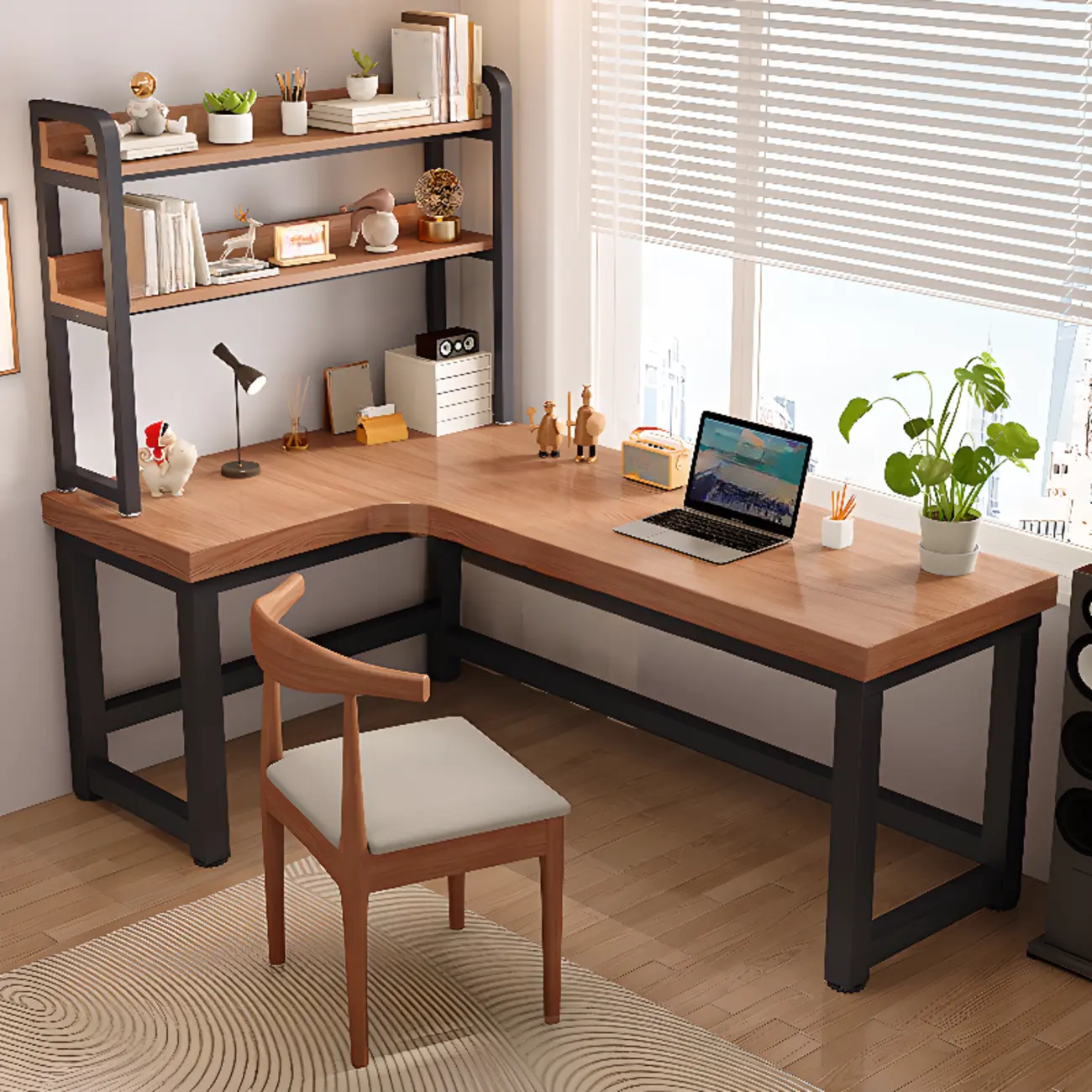 Modern Wooden L-Shape Writing Desk with Metal Base & Storage Shelves Image - 1 | homeyfad