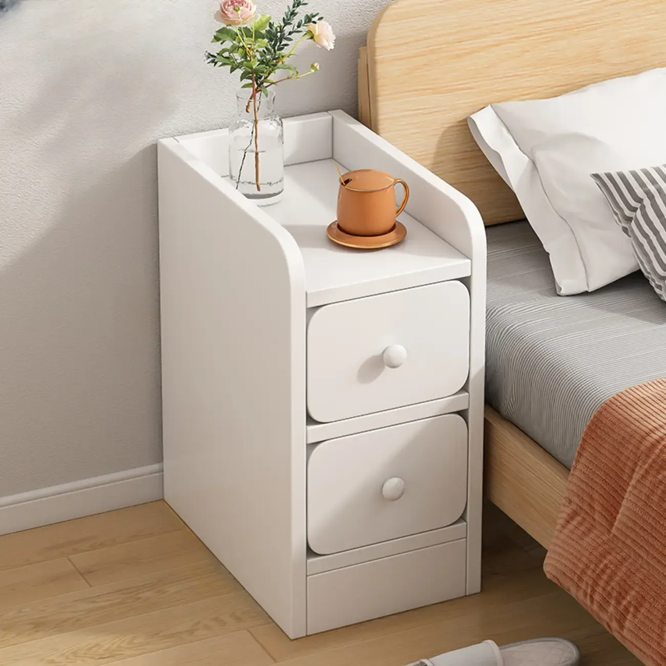 Modern Wooden Narrow Corner Bedside Table with Storage Drawers Image - 13
