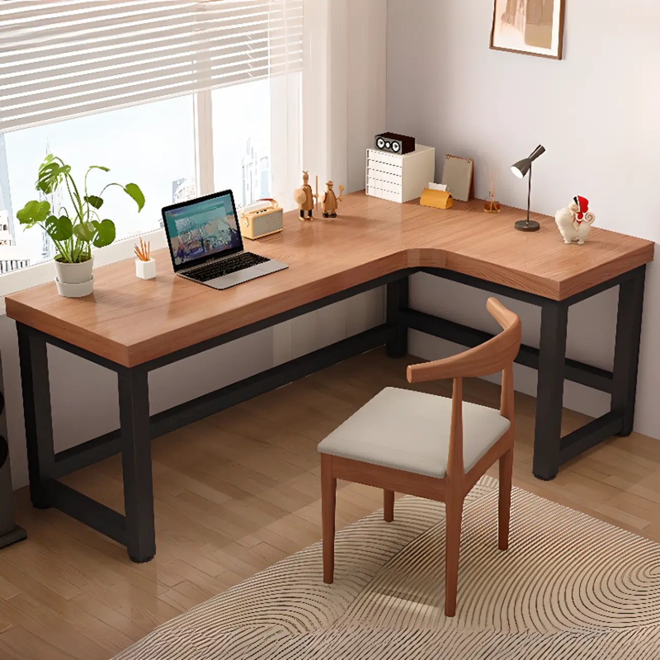 Modern Wooden L-Shape Writing Desk with Metal Base & Storage Shelves Image - 2 | homeyfad