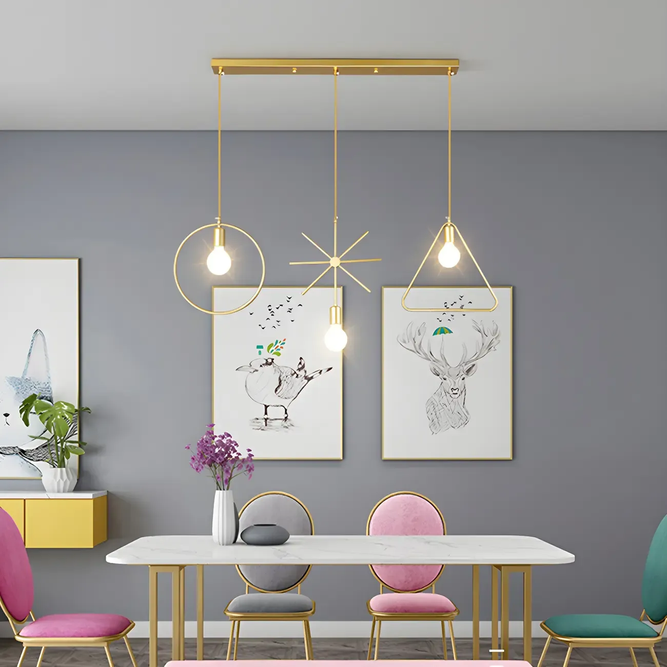 3 Lights Gold Industrial Geometric Metal Island Light Fixture Image - 10