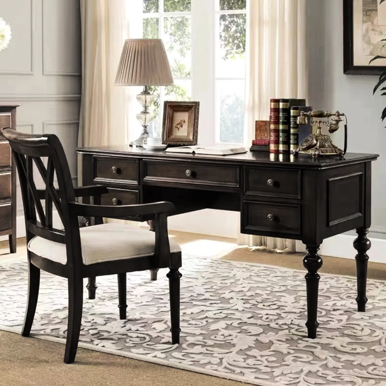 63" Classical Wooden Rectangular Writing Desk with 5 Drawers Image - 1 | homeyfad
