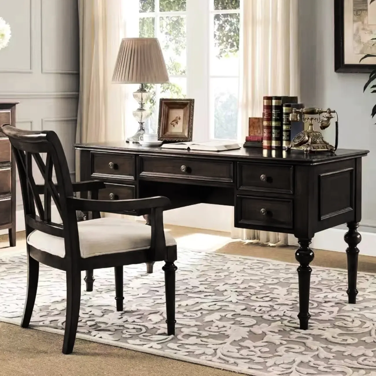 63" Classical Wooden Rectangular Writing Desk with 5 Drawers Image - 1