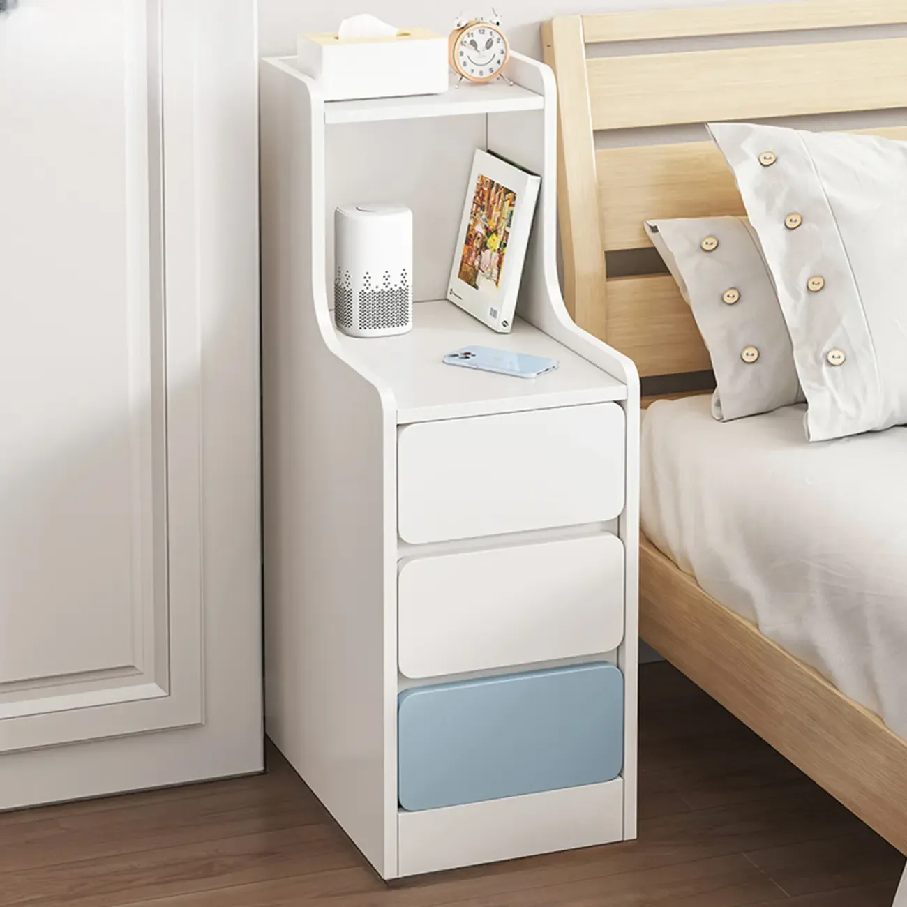 Modern Wooden Narrow Corner Bedside Table with Storage Drawers Image - 18