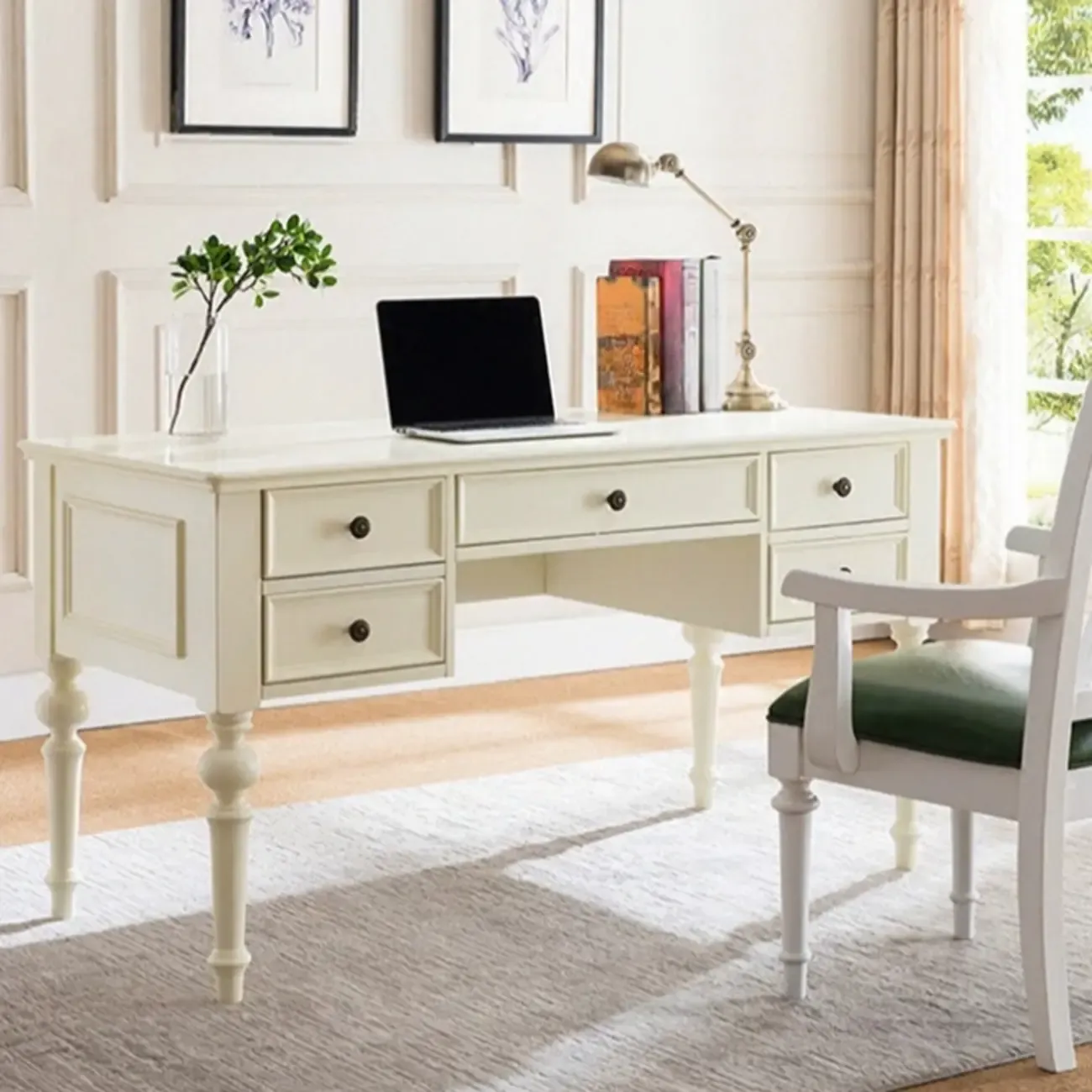 63" Classical Wooden Rectangular Writing Desk with 5 Drawers Image - 2