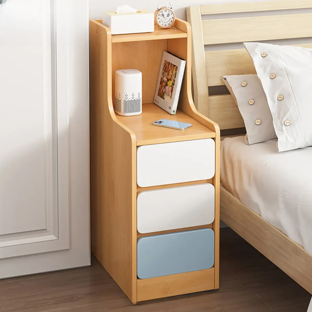 Modern Wooden Narrow Corner Bedside Table with Storage Drawers Image - 19