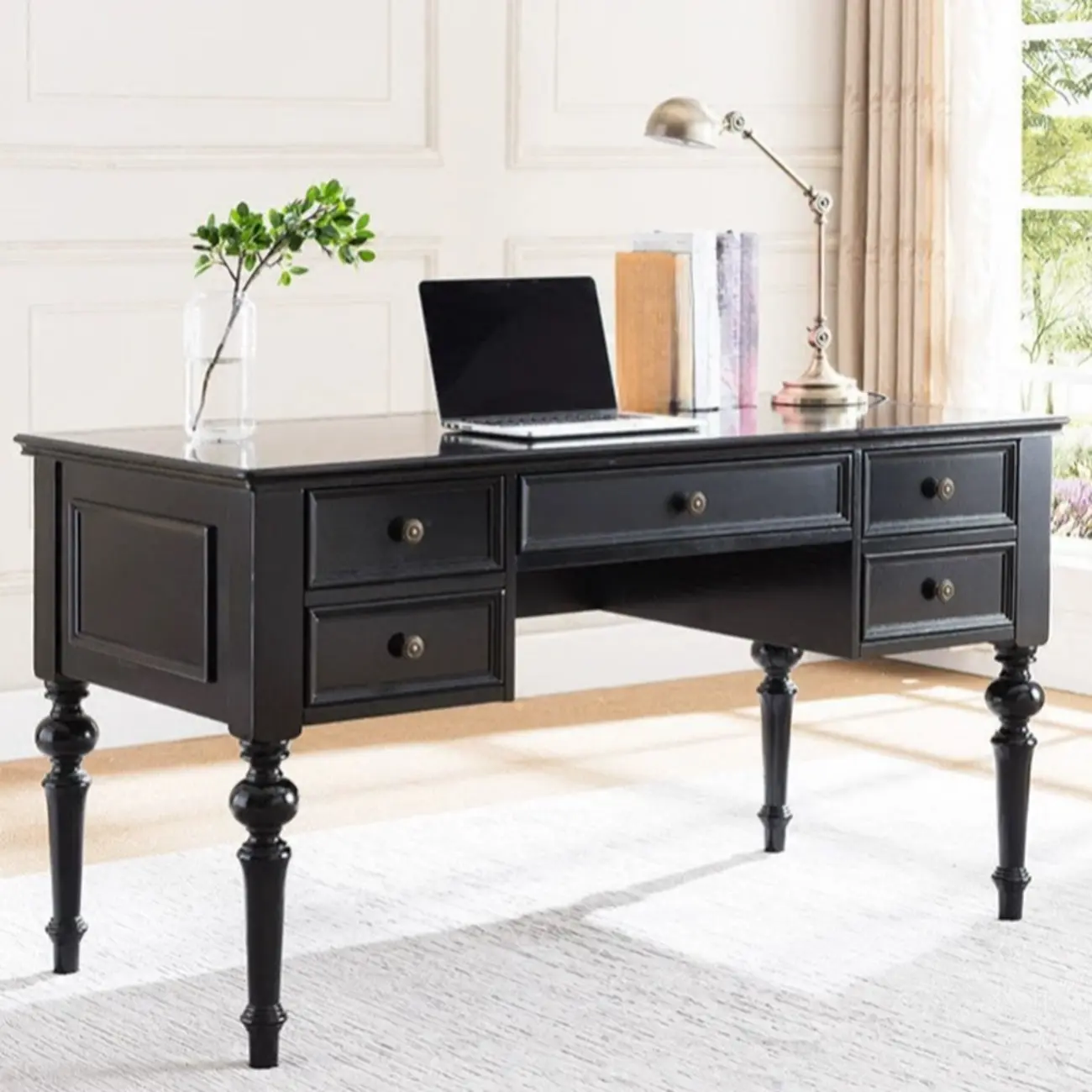 63" Classical Wooden Rectangular Writing Desk with 5 Drawers Image - 3 | homeyfad