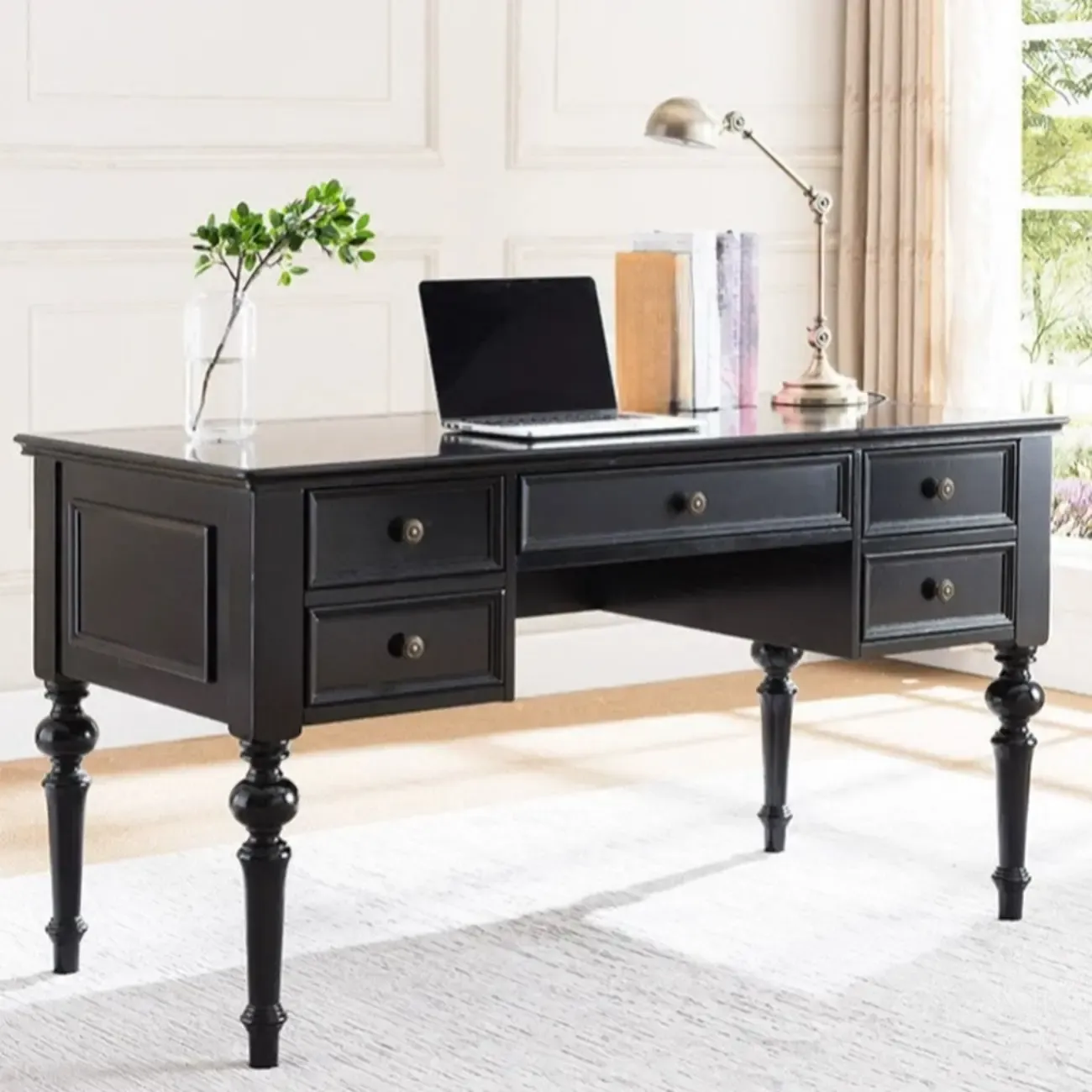63" Classical Wooden Rectangular Writing Desk with 5 Drawers Image - 3