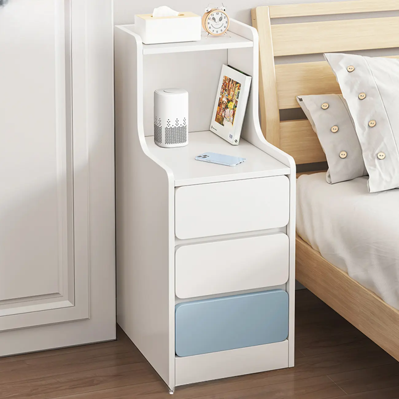 Modern Wooden Narrow Corner Bedside Table with Storage Drawers Image - 20 | homeyfad