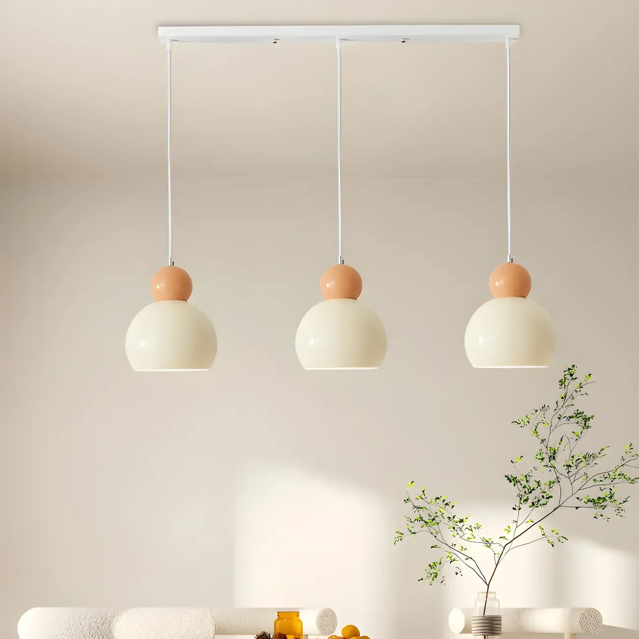 Modern White Glass 3 Light Pendant Light with Beaded Detail for Living Room Image - 1