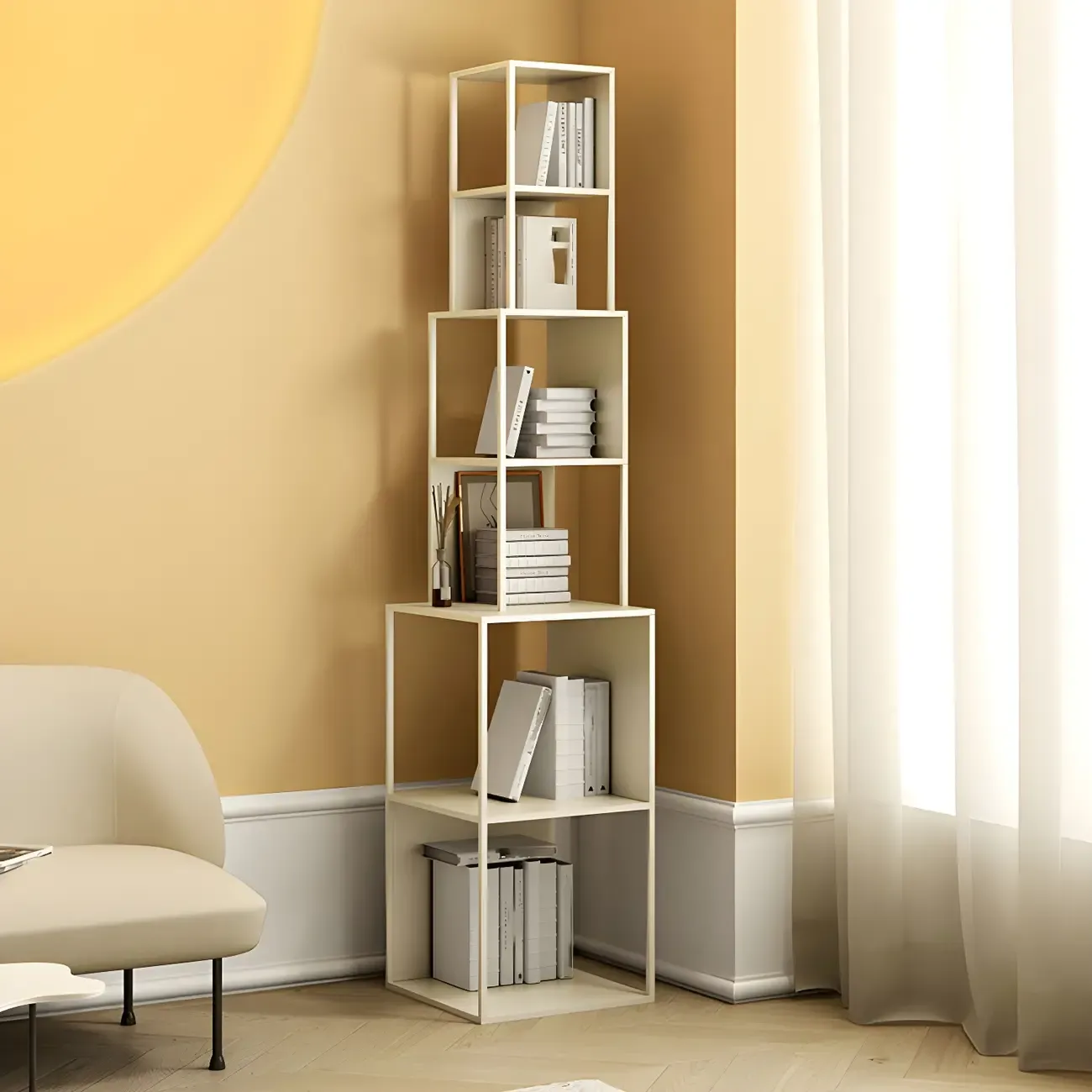 Modern Wooden Cube Bookcase with Metal Frame  Image - 11