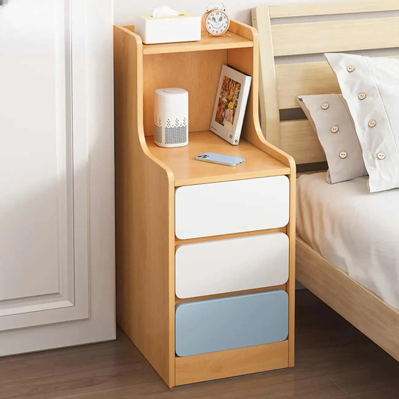 Modern Wooden Narrow Corner Bedside Table with Storage Drawers Image - 21