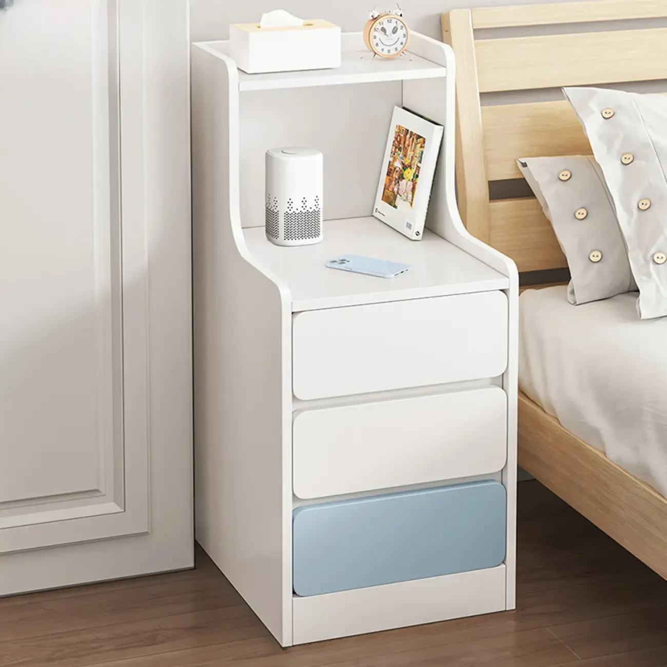 Modern Wooden Narrow Corner Bedside Table with Storage Drawers Image - 22